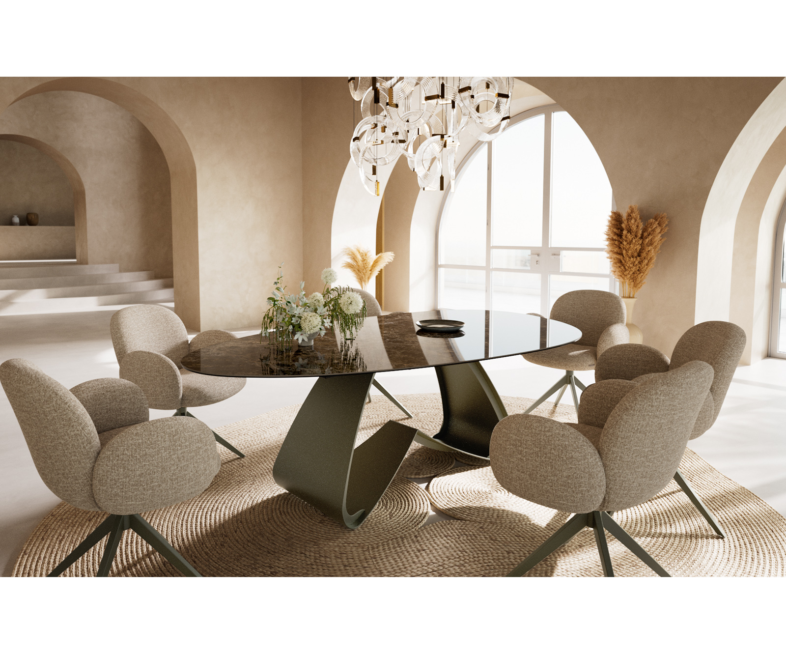 Étkezőasztal Edge ovális 220x120 kerámia Laminam® Emperador Extra Lucidato sötétbarna W alakú fém láb titán színű effekt finish - Image 6