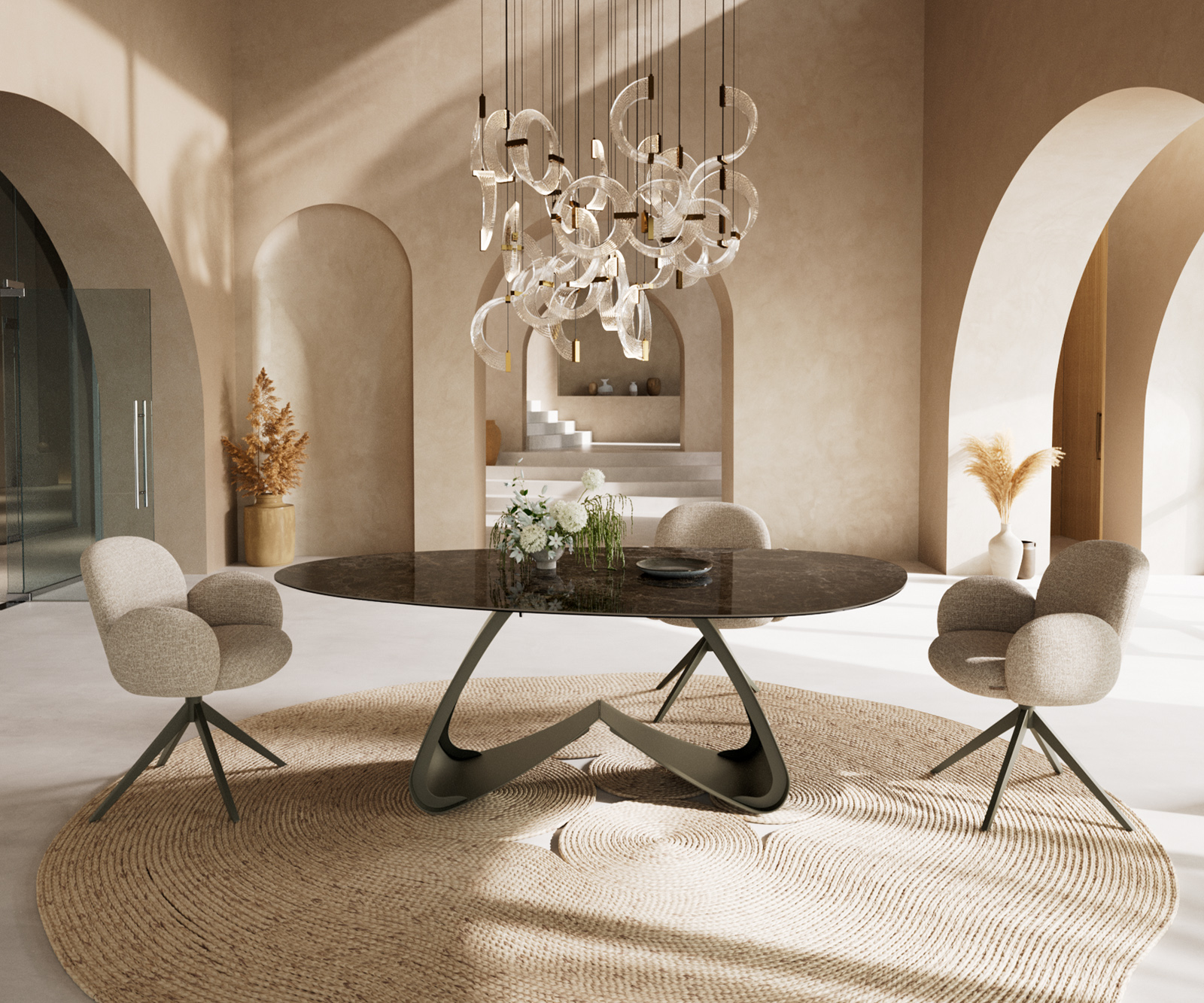 Étkezőasztal Edge ovális 220x120 kerámia Laminam® Emperador Extra Lucidato sötétbarna W alakú fém láb titán színű effekt finish - Image 4