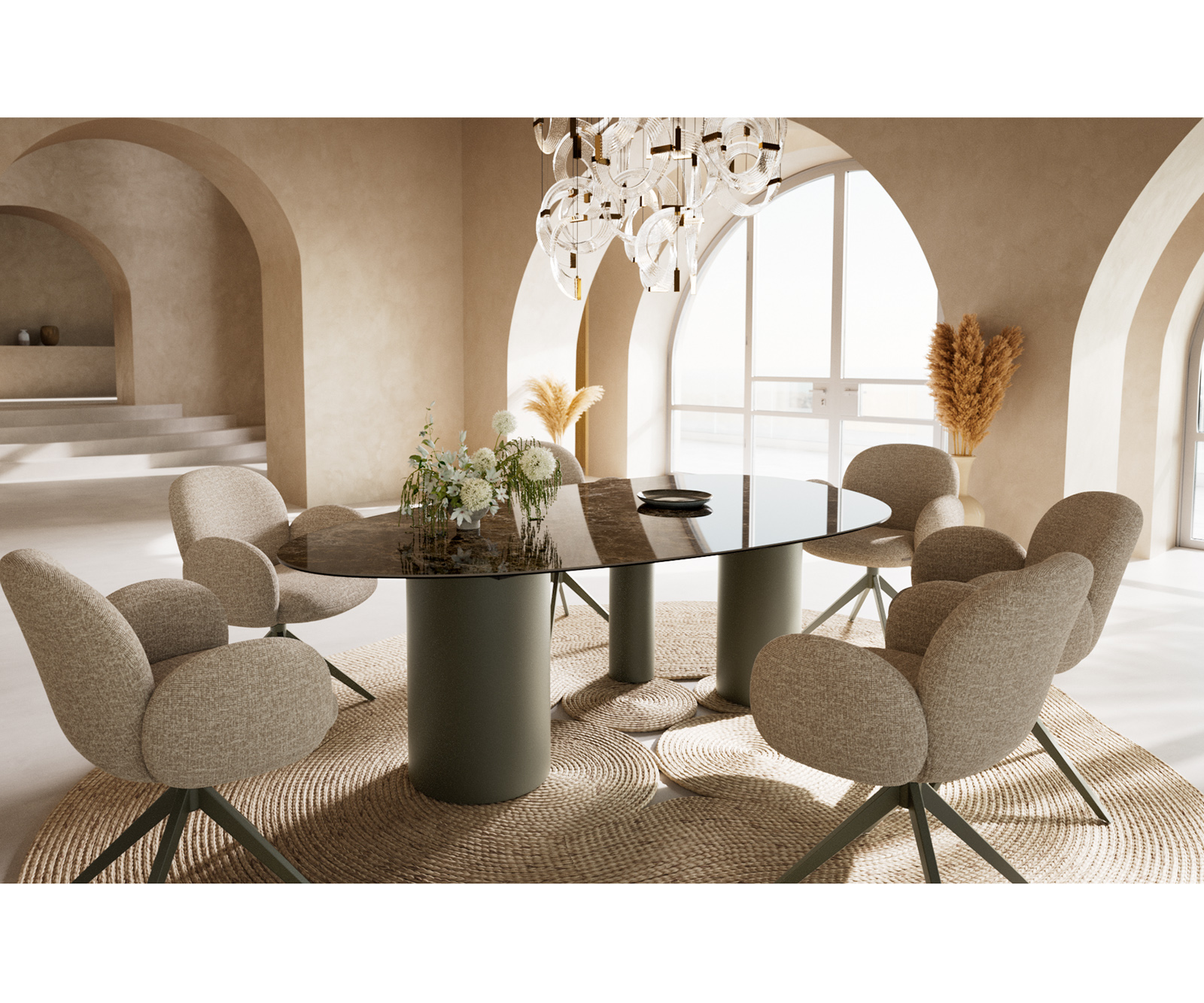 Étkezőasztal Edge ovális 220x120 kerámia Laminam® Emperador Extra Lucidato sötétbarna Troa fém titán színű hatás - Image 6