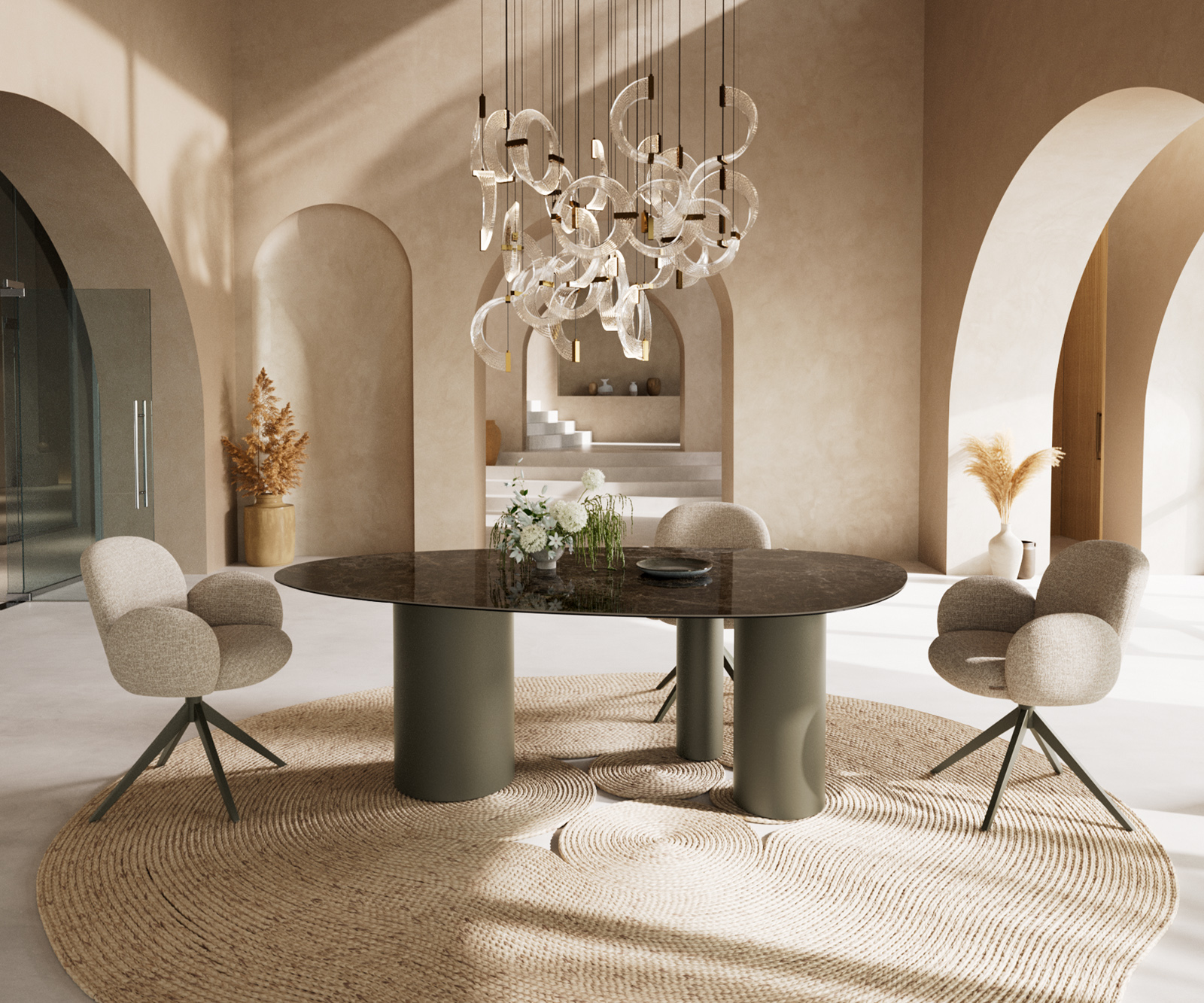 Étkezőasztal Edge ovális 220x120 kerámia Laminam® Emperador Extra Lucidato sötétbarna Troa fém titán színű hatás - Image 4