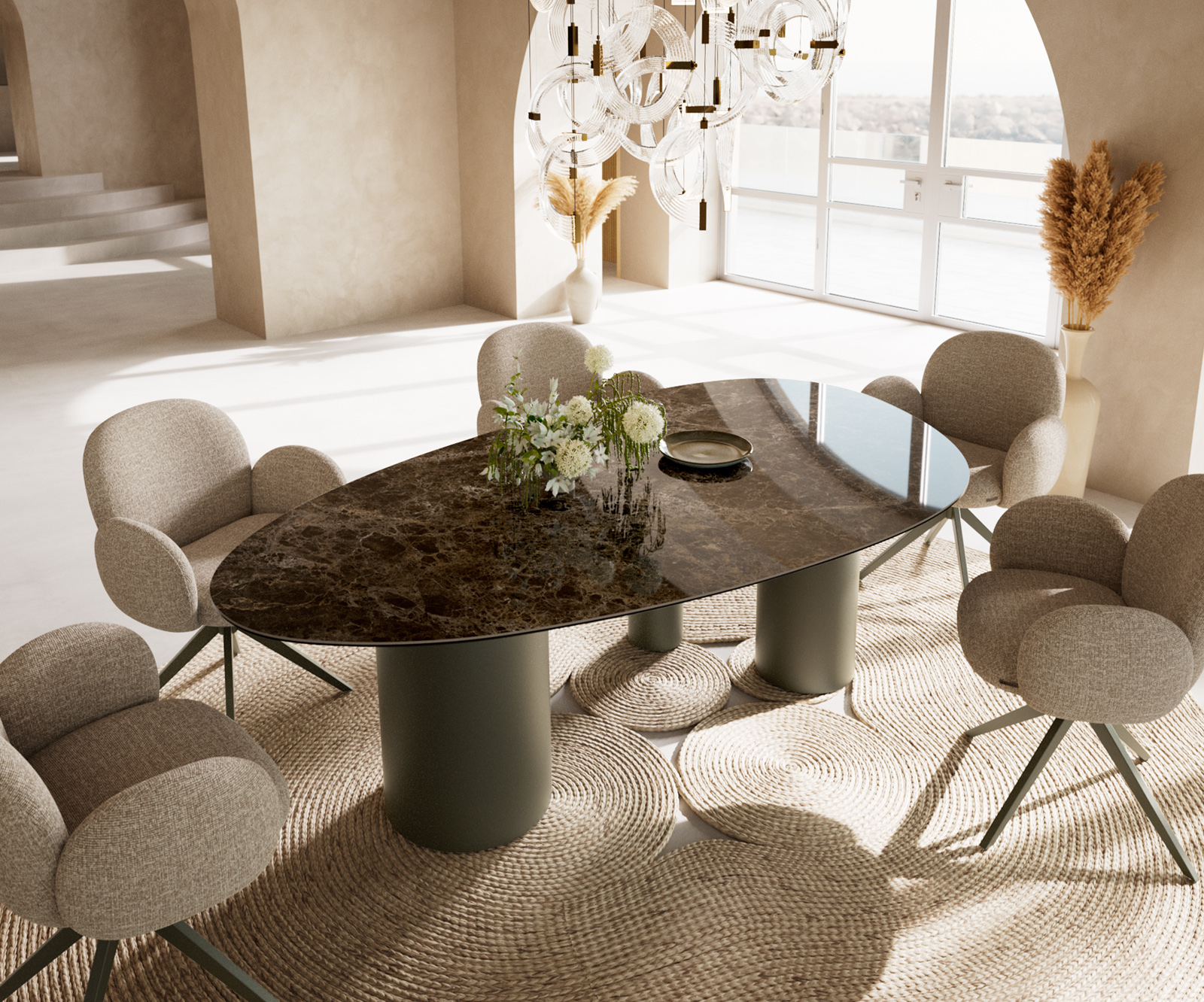 Étkezőasztal Edge ovális 220x120 kerámia Laminam® Emperador Extra Lucidato sötétbarna Troa fém titán színű hatás