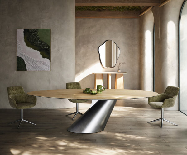 Étkezőasztal Edge ovális 280x130 kerámia Laminam® Sabbia tölgyszínű Cono metál ezüst