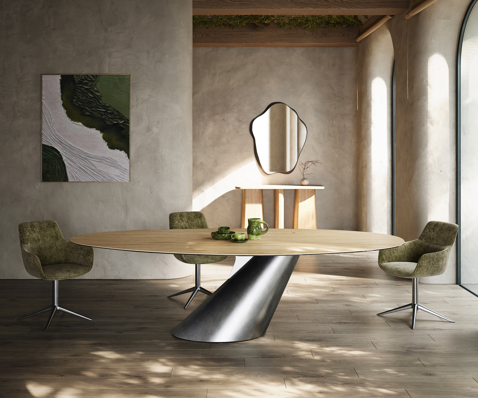 Étkezőasztal Edge ovális 280x130 kerámia Laminam® Sabbia tölgyszínű Cono metál ezüst