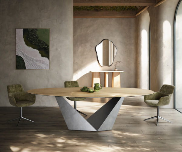 Étkezőasztal Edge ovális 280x130 kerámia Laminam® Sabbia tölgyszínű Prisma metál ezüst