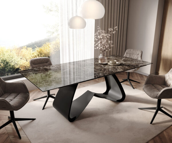 Étkezőasztal Edge 180-220x100 Kerámia Laminam® Emperador Extra Lucidato sötétbarna W alakú láb fekete kihúzható