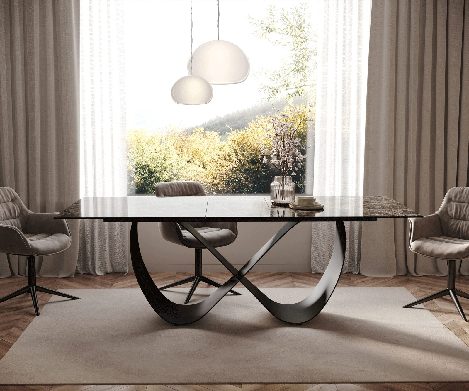 Étkezőasztal Edge 180-220x100 kerámia Laminam® Emperador Extra Lucidato sötétbarna Infinity fém fekete kihúzható - Image 2