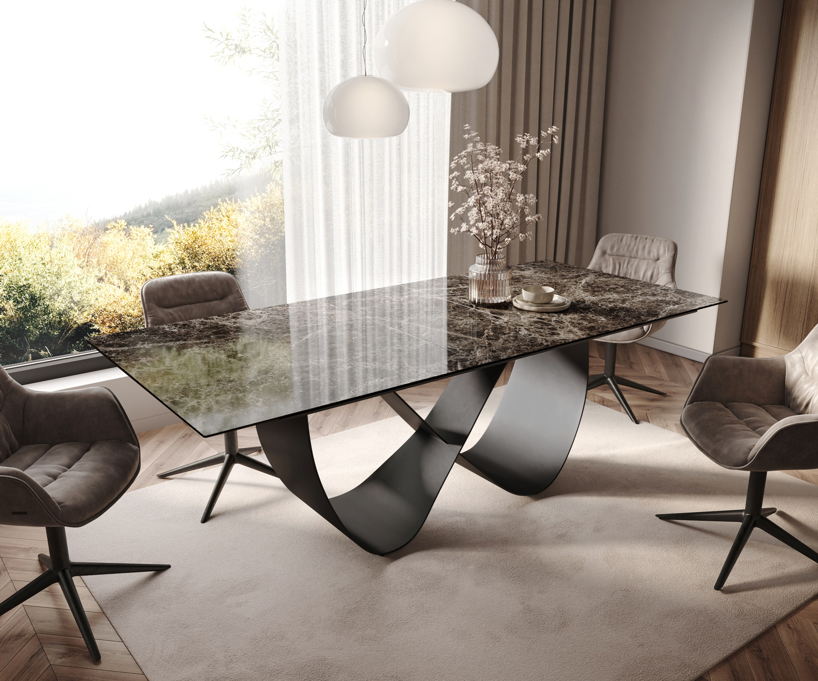Étkezőasztal Edge 180-220x100 kerámia Laminam® Emperador Extra Lucidato sötétbarna Infinity fém fekete kihúzható
