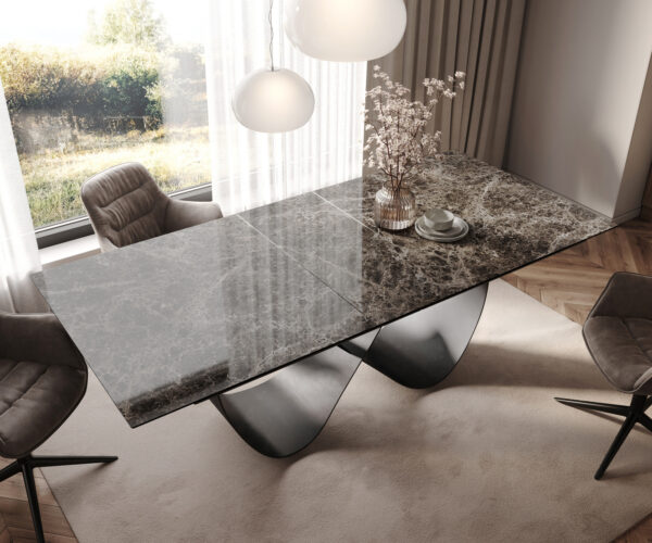 Étkezőasztal Edge 180-220x100 kerámia Laminam® Emperador Extra Lucidato sötétbarna Infinity fém fekete kihúzható - Image 4