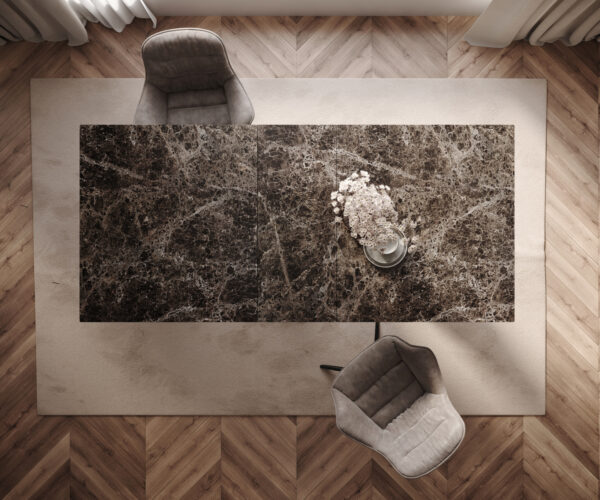 Étkezőasztal Edge 180-220x100 kerámia Laminam® Emperador Extra Lucidato sötétbarna Infinity fém fekete kihúzható - Image 6