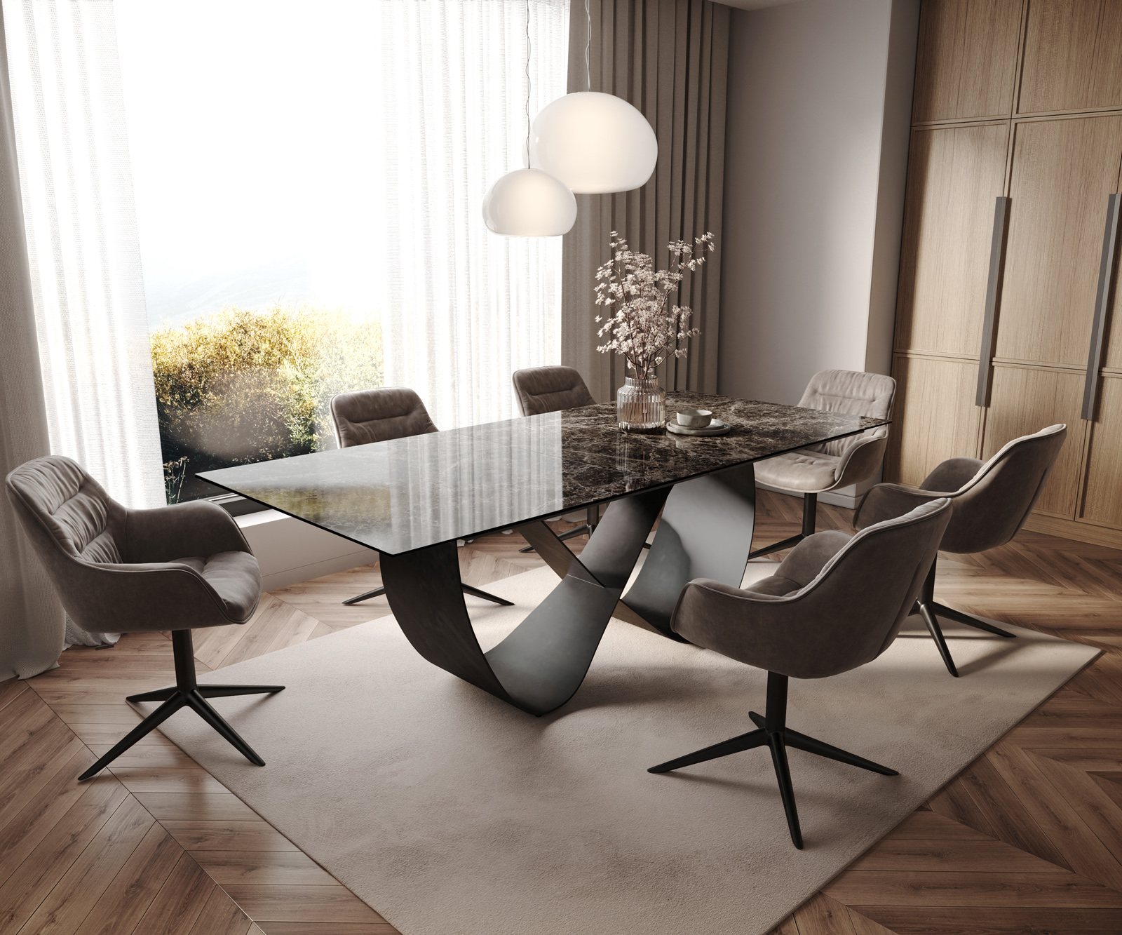 Étkezőasztal Edge 180-220x100 kerámia Laminam® Emperador Extra Lucidato sötétbarna Infinity fém fekete kihúzható - Image 7