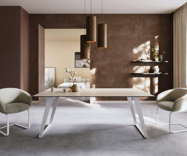 Étkezőasztal Edge 200x100 kerámia Laminam® Travertino Bianco krémfehér fém ferde fehér