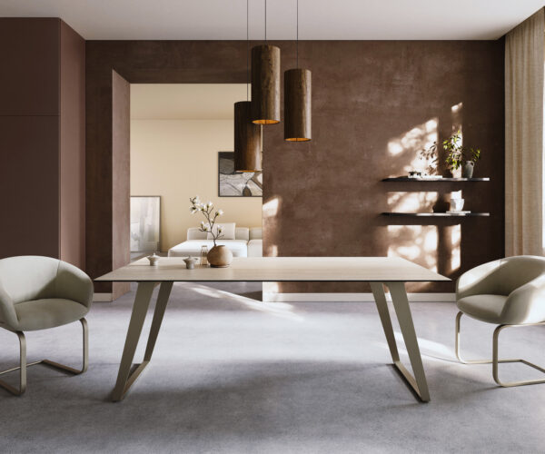 Étkezőasztal Edge 200x100 kerámia Laminam® Travertino Bianco krémfehér fém ferde titán színű hatású