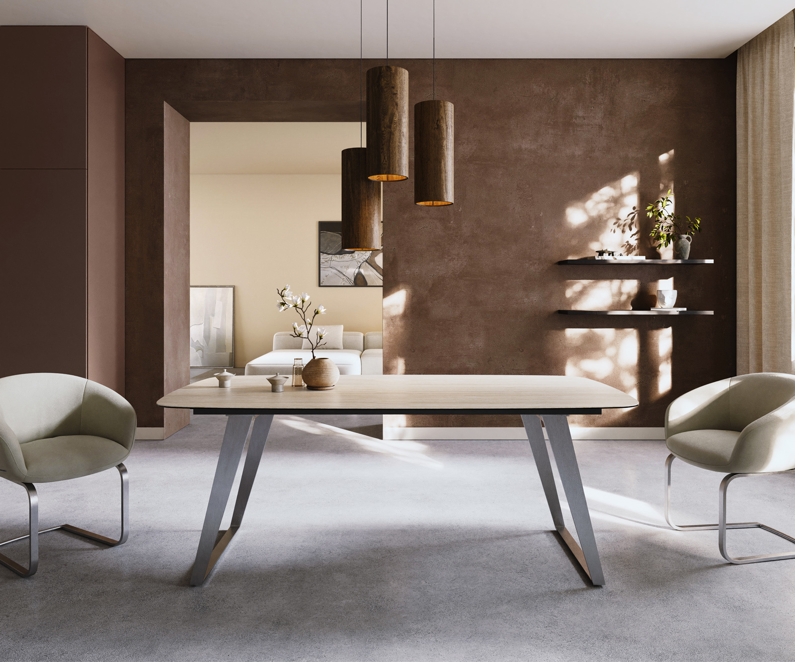 Étkezőasztal Edge hajóformájú 200x100 cm Laminam® Travertino Bianco kerámia krémfehér rozsdamentes acél ferde