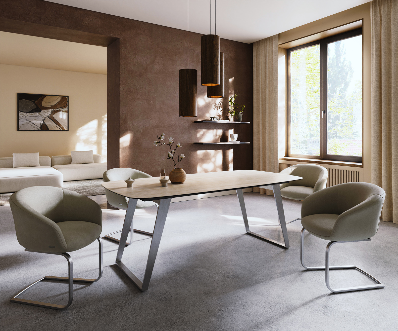 Étkezőasztal Edge hajóformájú 200x100 cm Laminam® Travertino Bianco kerámia krémfehér rozsdamentes acél ferde - Image 7