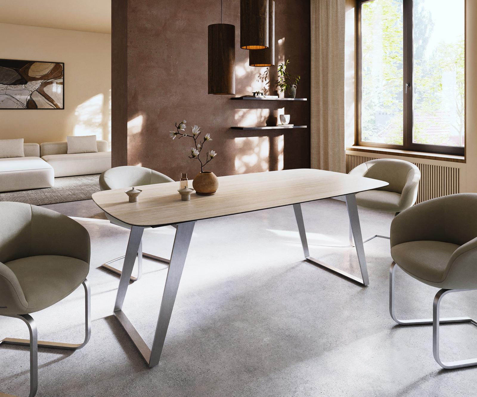 Étkezőasztal Edge hajóformájú 200x100 cm Laminam® Travertino Bianco kerámia krémfehér rozsdamentes acél ferde - Image 2