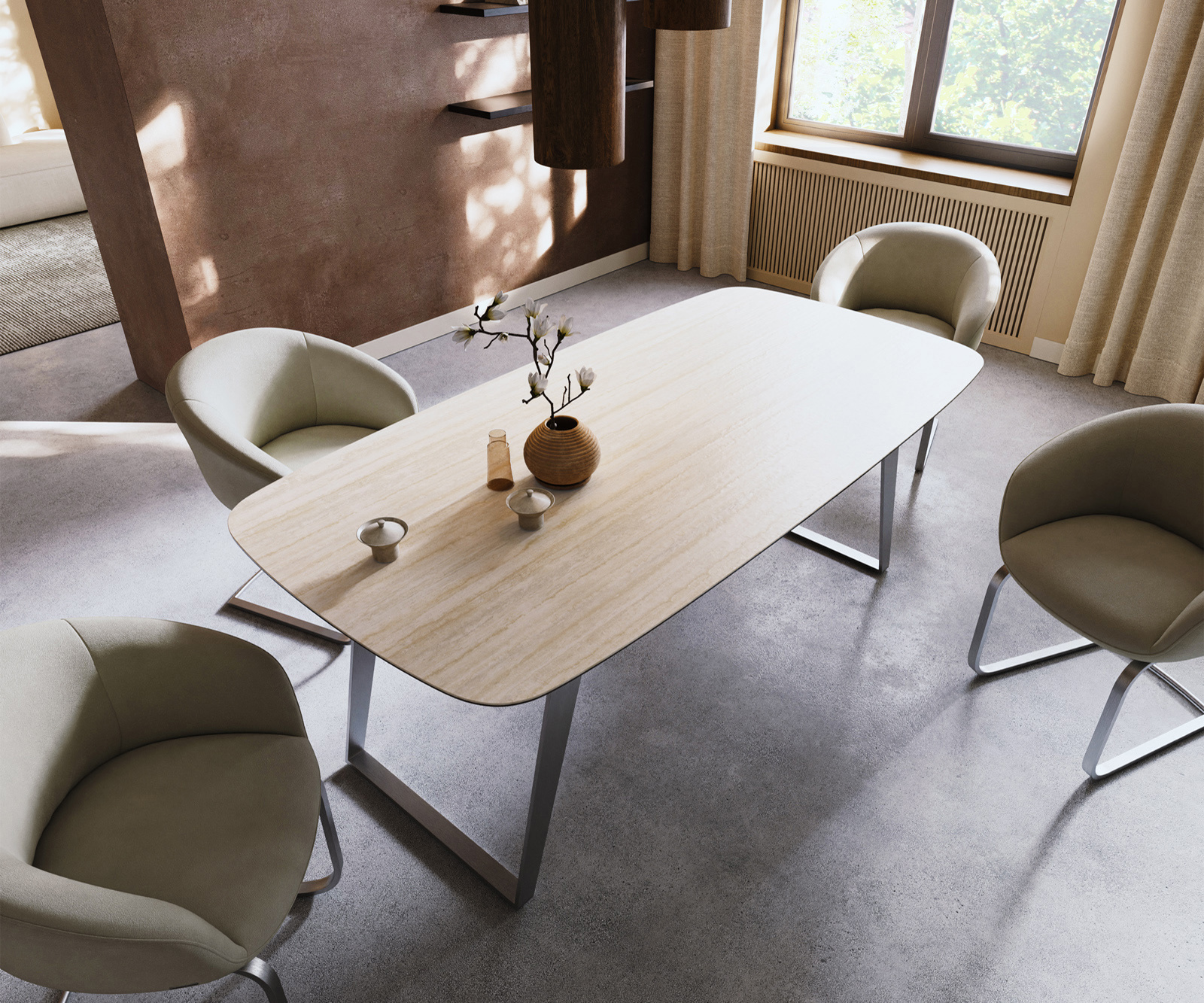 Étkezőasztal Edge hajóformájú 200x100 cm Laminam® Travertino Bianco kerámia krémfehér rozsdamentes acél ferde - Image 4