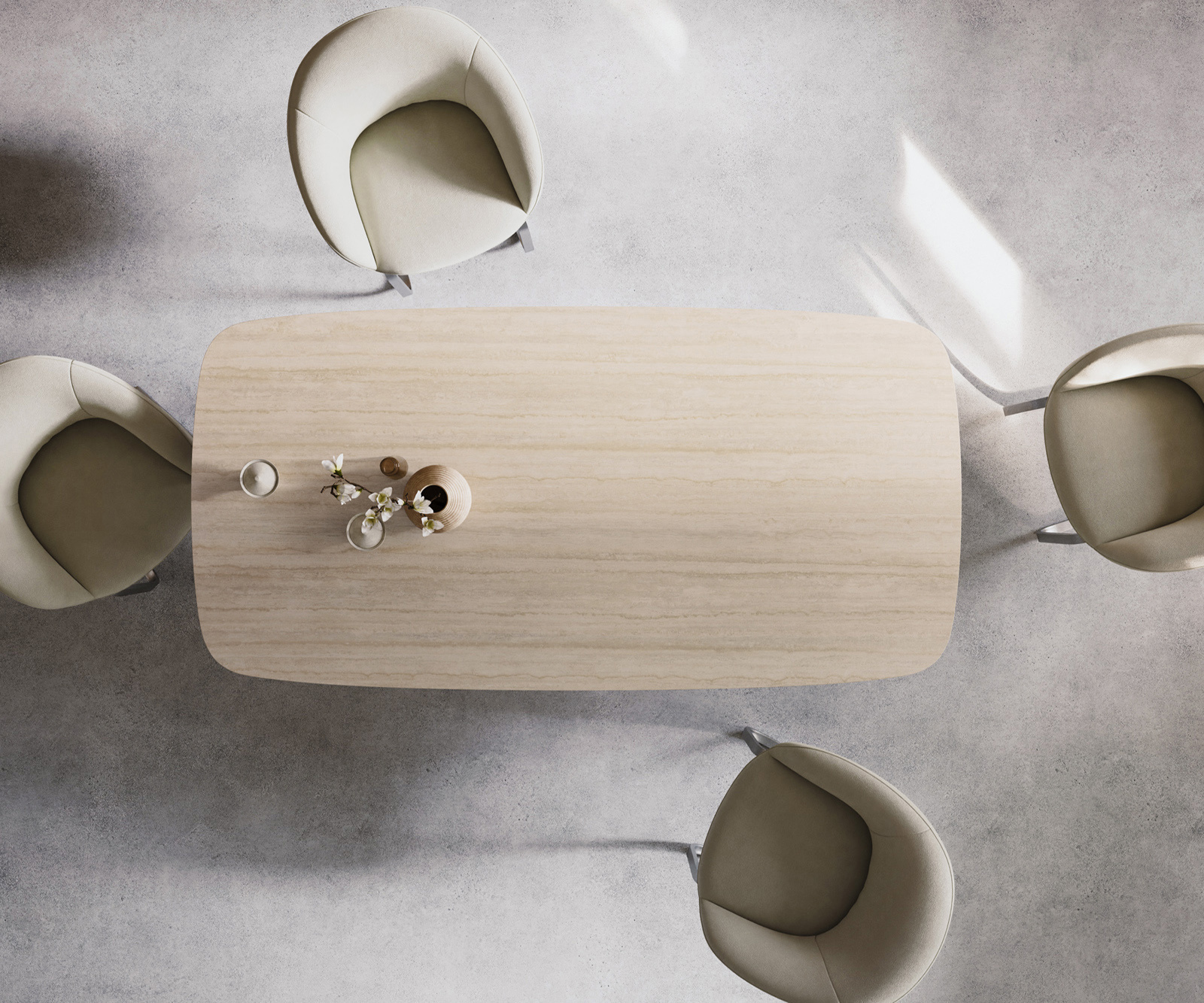 Étkezőasztal Edge hajóformájú 200x100 cm Laminam® Travertino Bianco kerámia krémfehér rozsdamentes acél ferde - Image 6