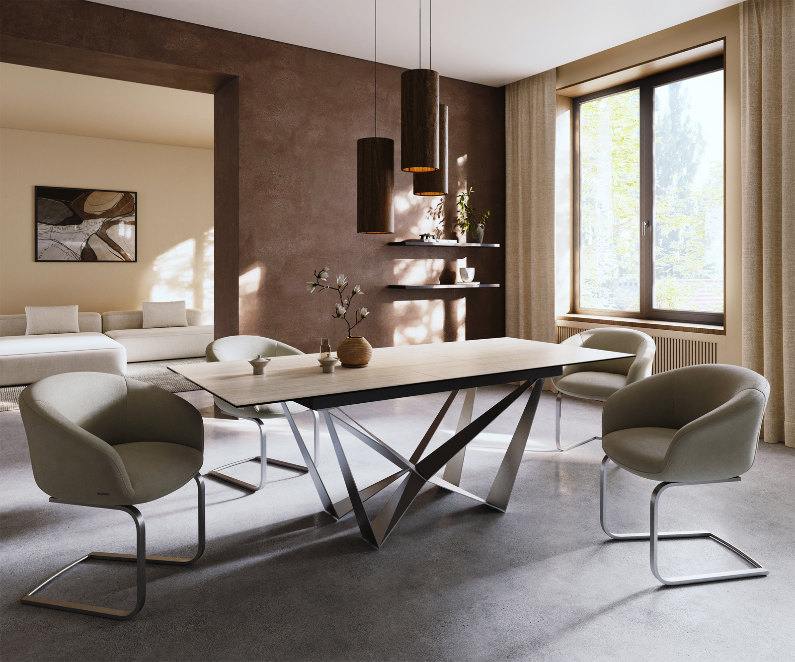 Étkezőasztal Edge 180-220x100 cm Laminam® Travertino Bianco krémfehér kerámia Spider laposacél rozsdamentes acél kihúzható - Image 7