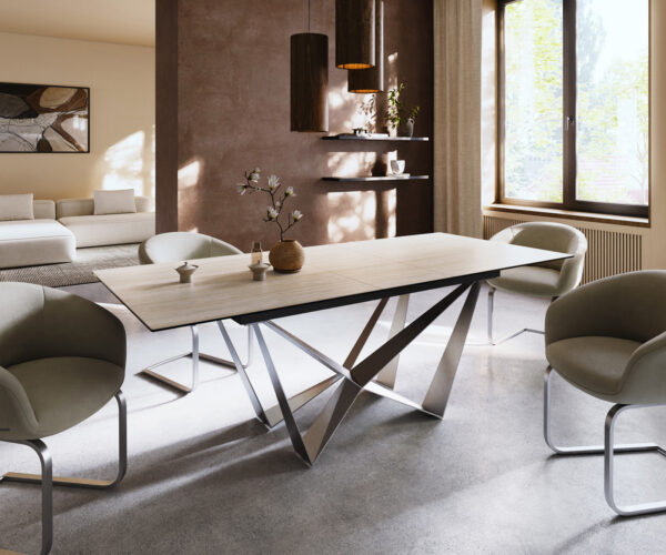 Étkezőasztal Edge 180-220x100 cm Laminam® Travertino Bianco krémfehér kerámia Spider laposacél rozsdamentes acél kihúzható