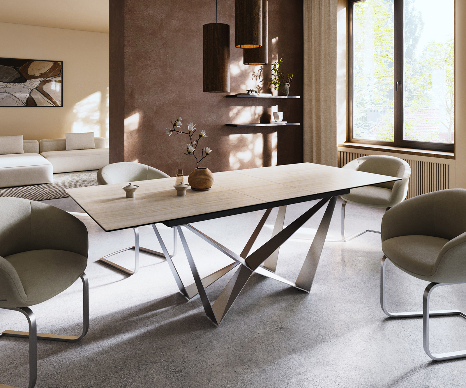 Étkezőasztal Edge 180-220x100 cm Laminam® Travertino Bianco krémfehér kerámia Spider laposacél rozsdamentes acél kihúzható