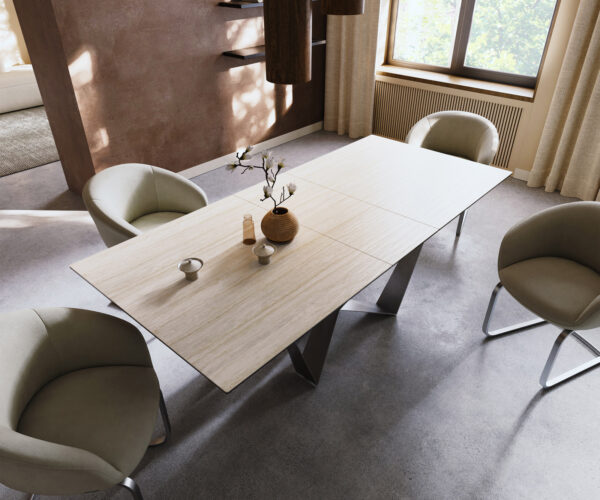 Étkezőasztal Edge 180-220x100 cm Laminam® Travertino Bianco krémfehér kerámia Spider laposacél rozsdamentes acél kihúzható - Image 4