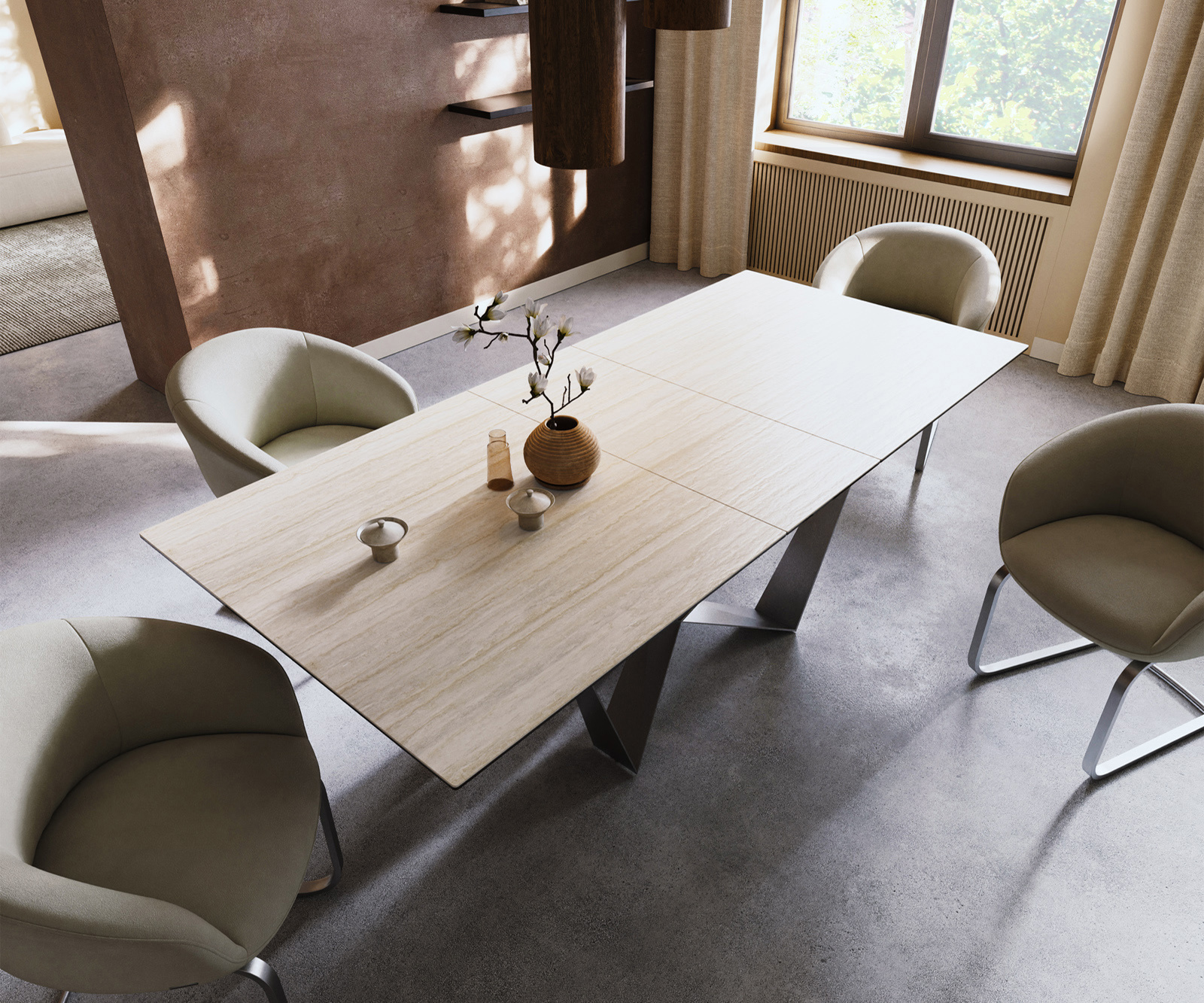 Étkezőasztal Edge 180-220x100 cm Laminam® Travertino Bianco krémfehér kerámia Spider laposacél rozsdamentes acél kihúzható - Image 4