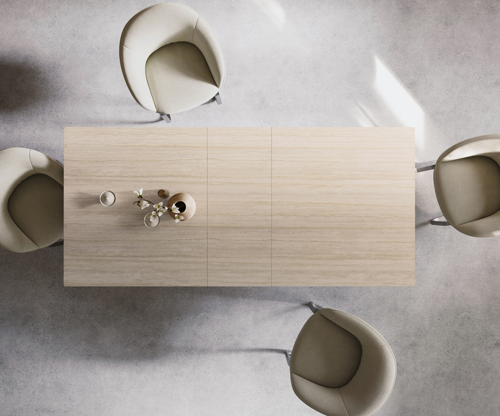Étkezőasztal Edge 180-220x100 cm Laminam® Travertino Bianco krémfehér kerámia Spider laposacél rozsdamentes acél kihúzható - Image 6