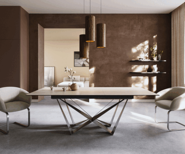 Étkezőasztal Edge 180-220x100 cm Laminam® Travertino Bianco krémfehér kerámia Spider laposacél rozsdamentes acél kihúzható - Image 2
