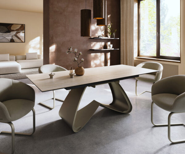 Étkezőasztal Edge 180-220x100 cm Laminam® Travertino Bianco krémfehér kerámia W alakú láb titánszínű effekt finish bővíthető