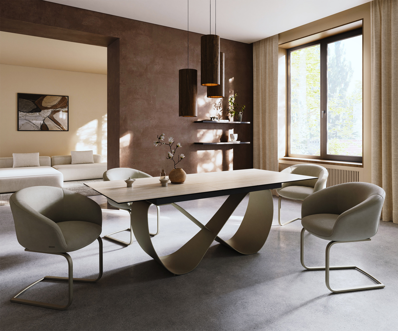 Étkezőasztal Edge 180-220x100 kerámia Laminam® Travertino Bianco krémfehér Infinity fém titán színű effekt finish kihúzható - Image 7