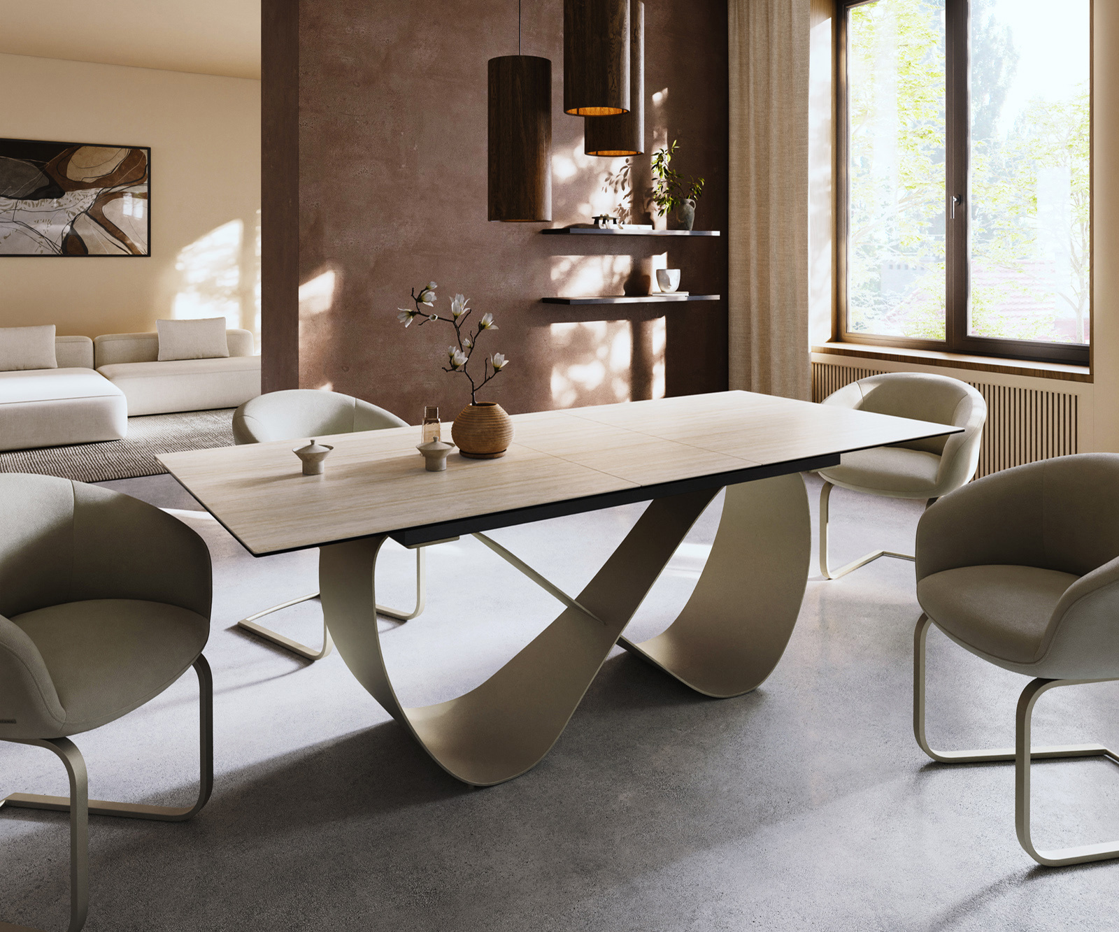 Étkezőasztal Edge 180-220x100 kerámia Laminam® Travertino Bianco krémfehér Infinity fém titán színű effekt finish kihúzható