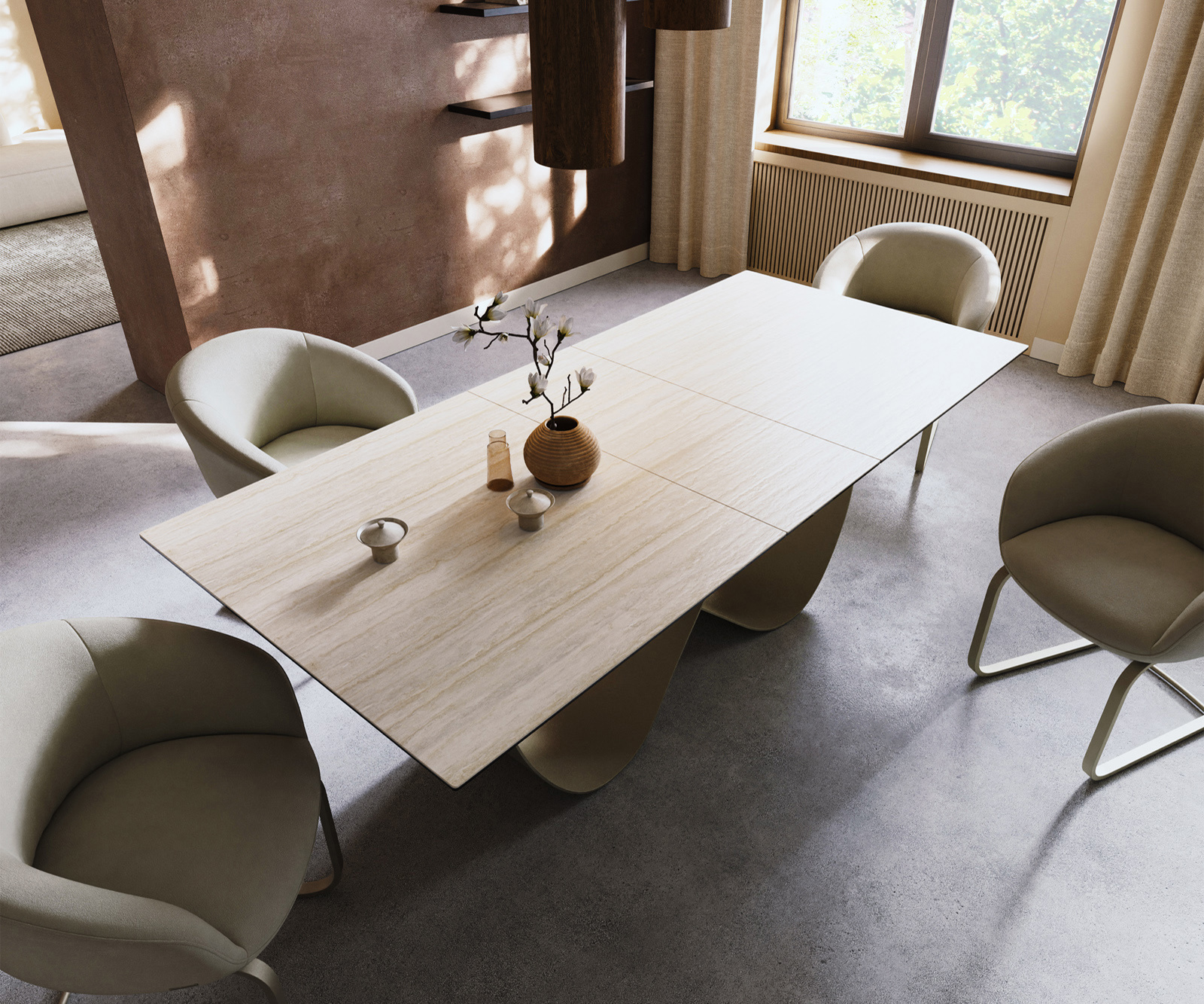 Étkezőasztal Edge 180-220x100 kerámia Laminam® Travertino Bianco krémfehér Infinity fém titán színű effekt finish kihúzható - Image 4