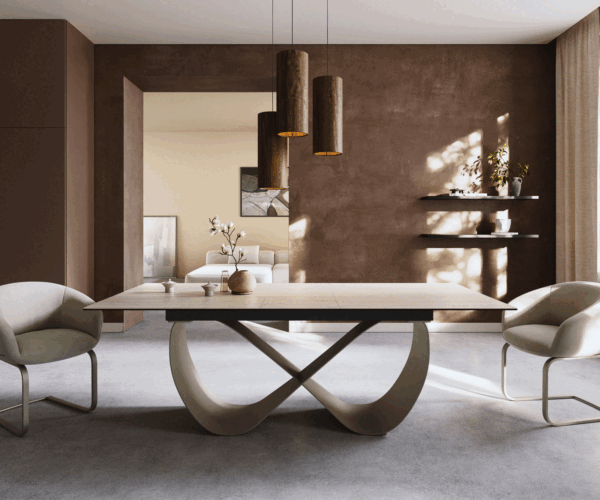 Étkezőasztal Edge 180-220x100 kerámia Laminam® Travertino Bianco krémfehér Infinity fém titán színű effekt finish kihúzható - Image 2