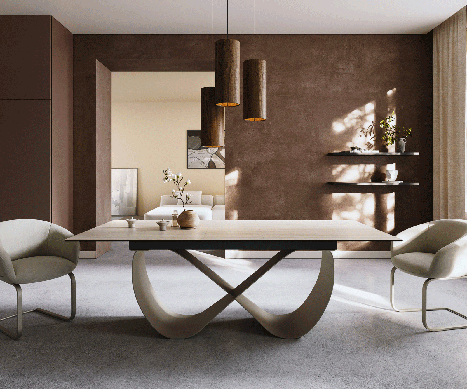 Étkezőasztal Edge 180-220x100 kerámia Laminam® Travertino Bianco krémfehér Infinity fém titán színű effekt finish kihúzható - Image 2
