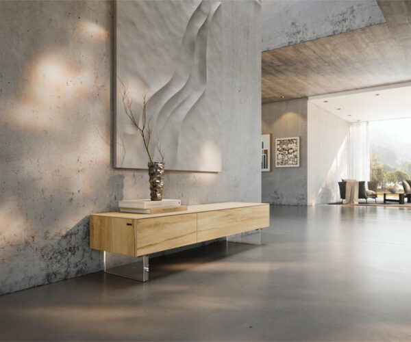 TV szekrény Cuor 150 cm kerámia Laminam® sabbia tölgyszínű 1 billenő ajtó 1 fiókos láb lebegő hatás akrilüveg