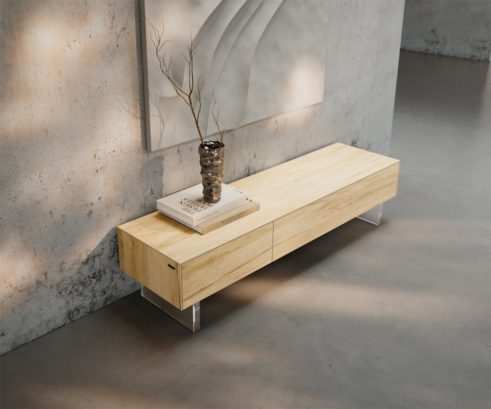 TV szekrény Cuor 150 cm kerámia Laminam® sabbia tölgyszínű 1 billenő ajtó 1 fiókos láb lebegő hatás akrilüveg - Image 4