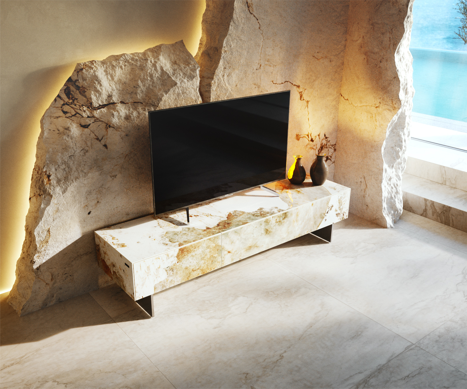 TV szekrény Cuor 150 cm kerámia Minas melange fehér-bézs 1 billenő ajtó 1 fiókos láb lebegő rozsdamentes acél - Image 4