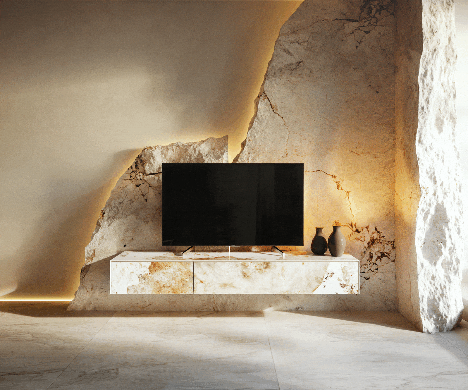 TV szekrény Cuor 150 cm kerámia Minas melange fehér-bézs 1 billenő ajtó 1 fiókos lebegő - Image 6