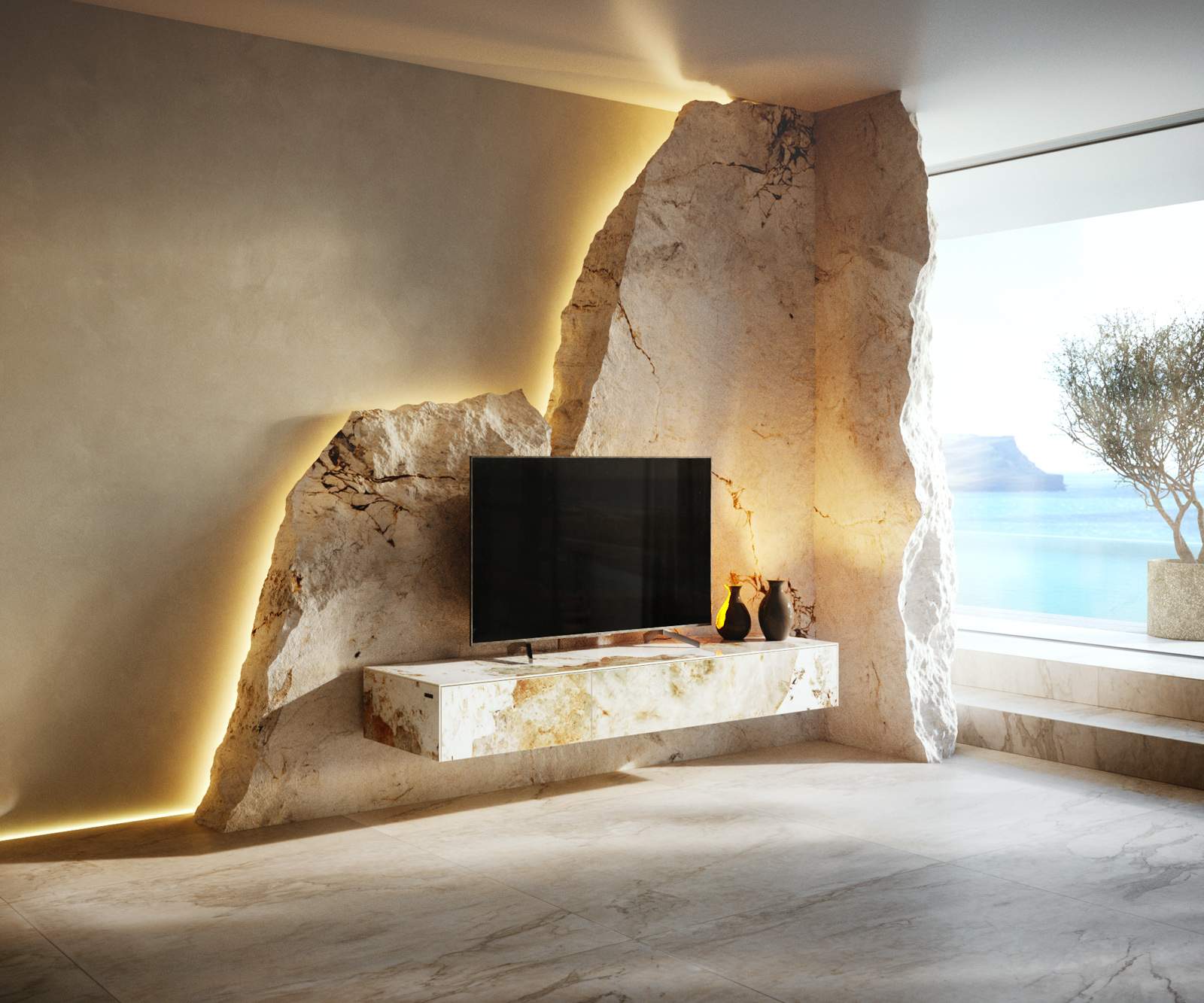 TV szekrény Cuor 150 cm kerámia Minas melange fehér-bézs 1 billenő ajtó 1 fiókos lebegő - Image 2