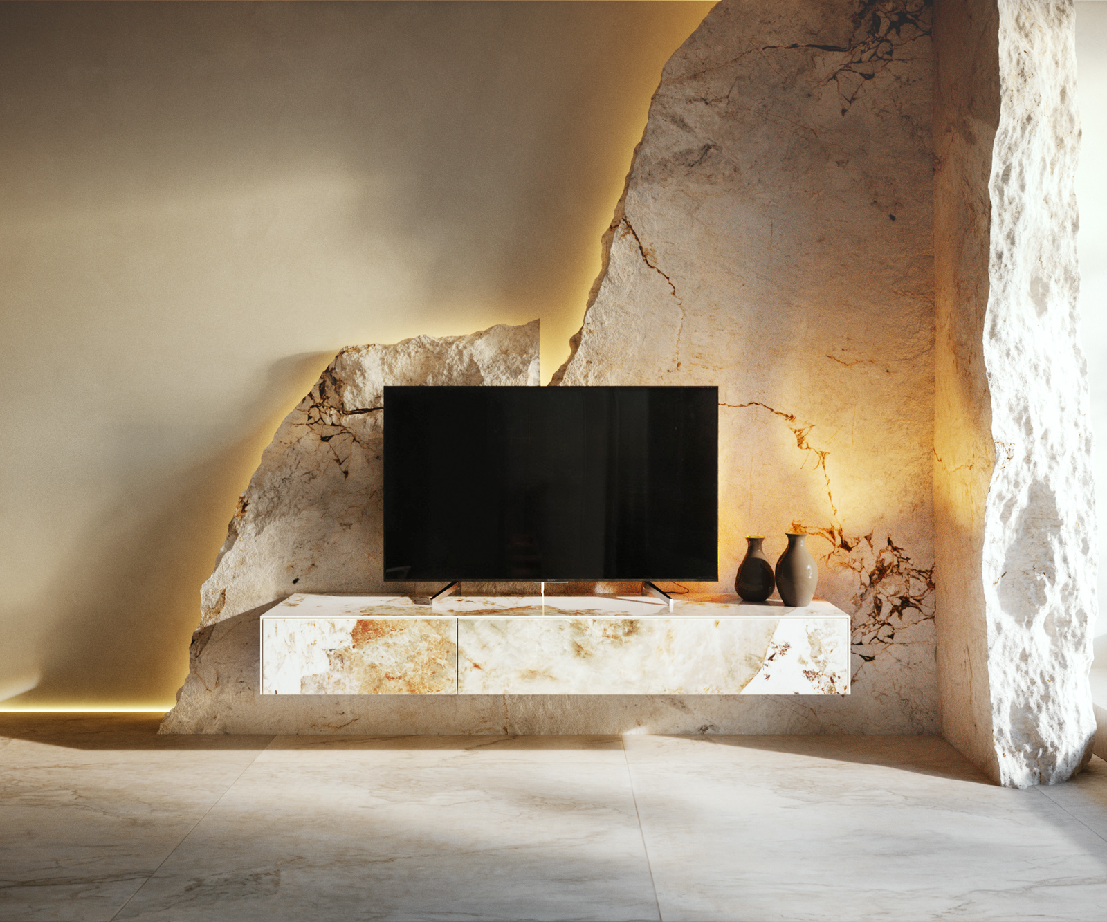 TV szekrény Cuor 150 cm kerámia Minas melange fehér-bézs 1 billenő ajtó 1 fiókos lebegő