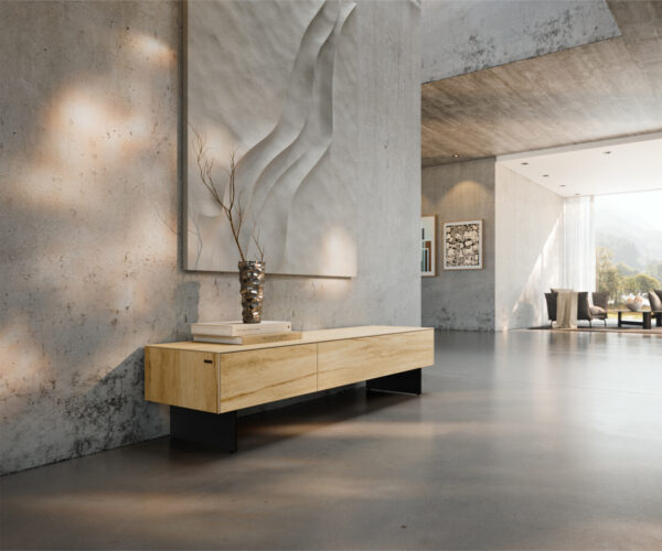 TV szekrény Cuor 150 cm kerámia Laminam® Sabbia tölgyszínű 1 billenő ajtó 1 fiókos lebegő fém láb fekete