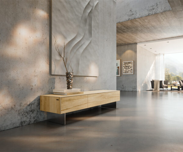 TV szekrény Cuor 150 cm kerámia Laminam® Sabbia tölgyszínű 1 billenő ajtó 1 fiókos lebegő rozsdamentes acél láb