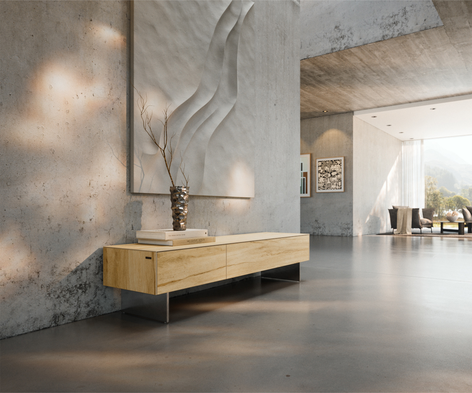 TV szekrény Cuor 150 cm kerámia Laminam® Sabbia tölgyszínű 1 billenő ajtó 1 fiókos lebegő rozsdamentes acél láb