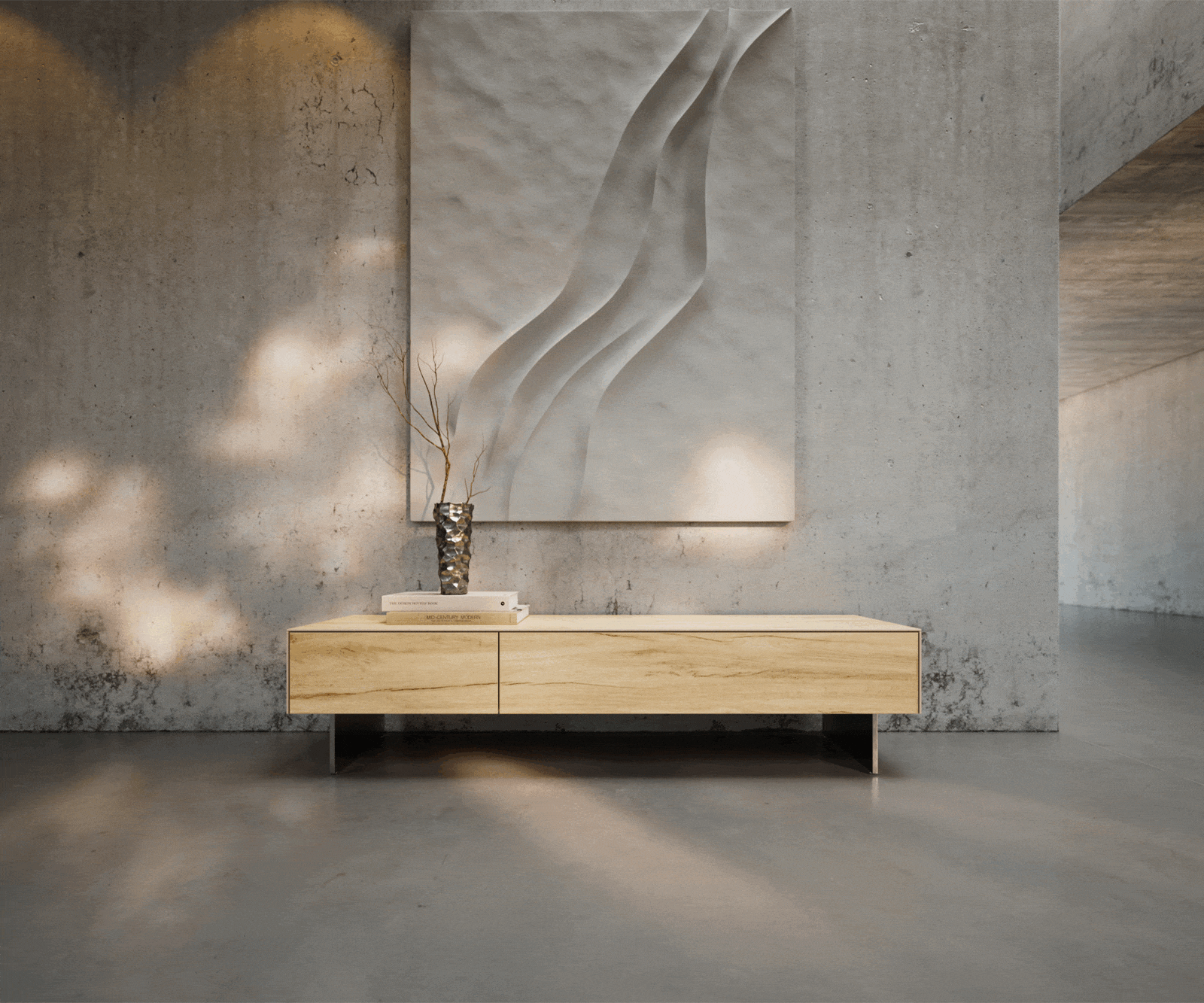 TV szekrény Cuor 150 cm kerámia Laminam® Sabbia tölgyszínű 1 billenő ajtó 1 fiókos lebegő rozsdamentes acél láb - Image 2