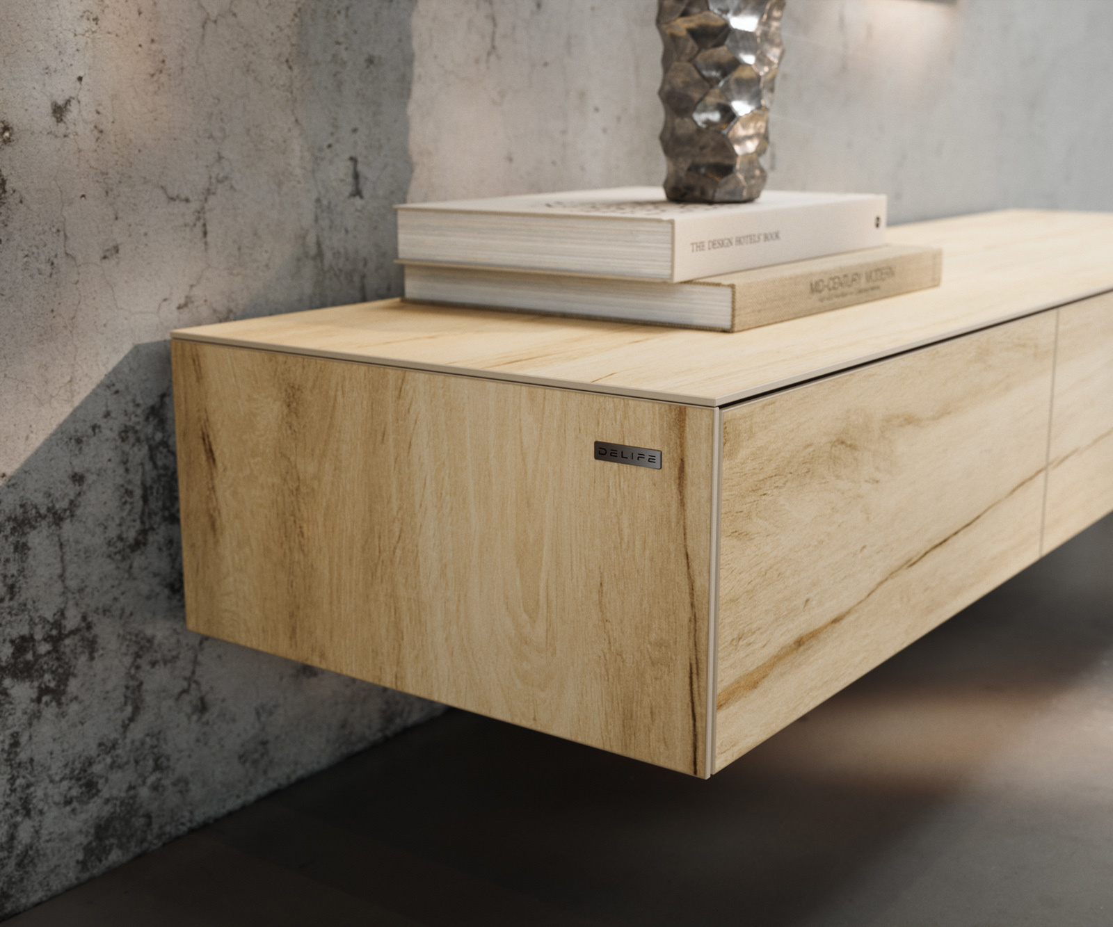 TV szekrény Cuor 150 cm kerámia Laminam® Sabbia tölgyszínű 1 billenő ajtó 1 fiókos lebegő rozsdamentes acél láb - Image 6