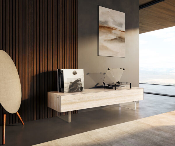 TV szekrény Cuor 150 cm kerámia Laminam® Travertino Bianco krémfehér 1 billenő ajtó 1 fiókos rekesz lebegő láb akrilüveg