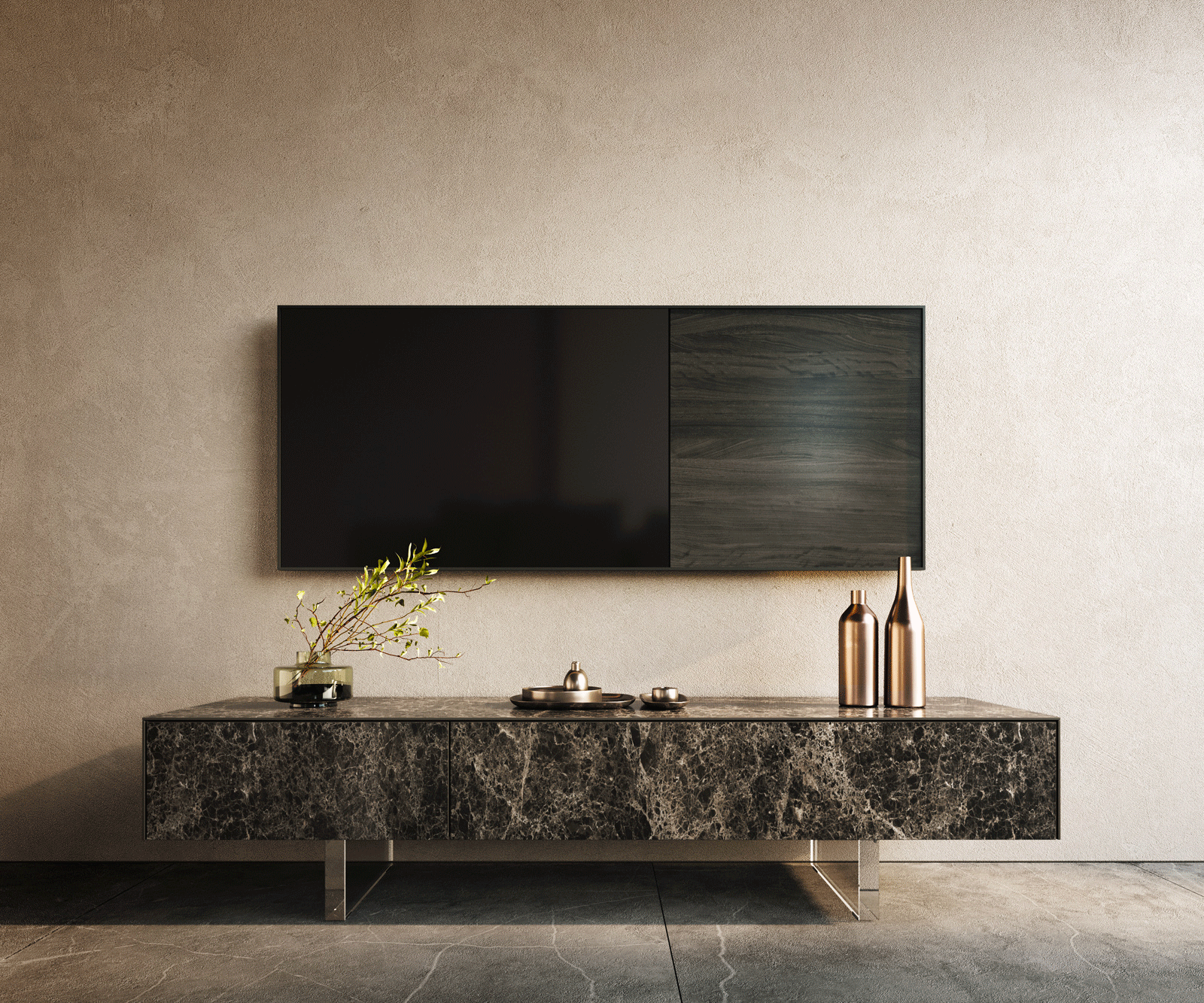 TV szekrény Cuor 150 cm kerámia Laminam® Emperador Extra Lucidato sötétbarna 1 billenő ajtó 1 fiók lebegő láb akrilüveg - Image 2