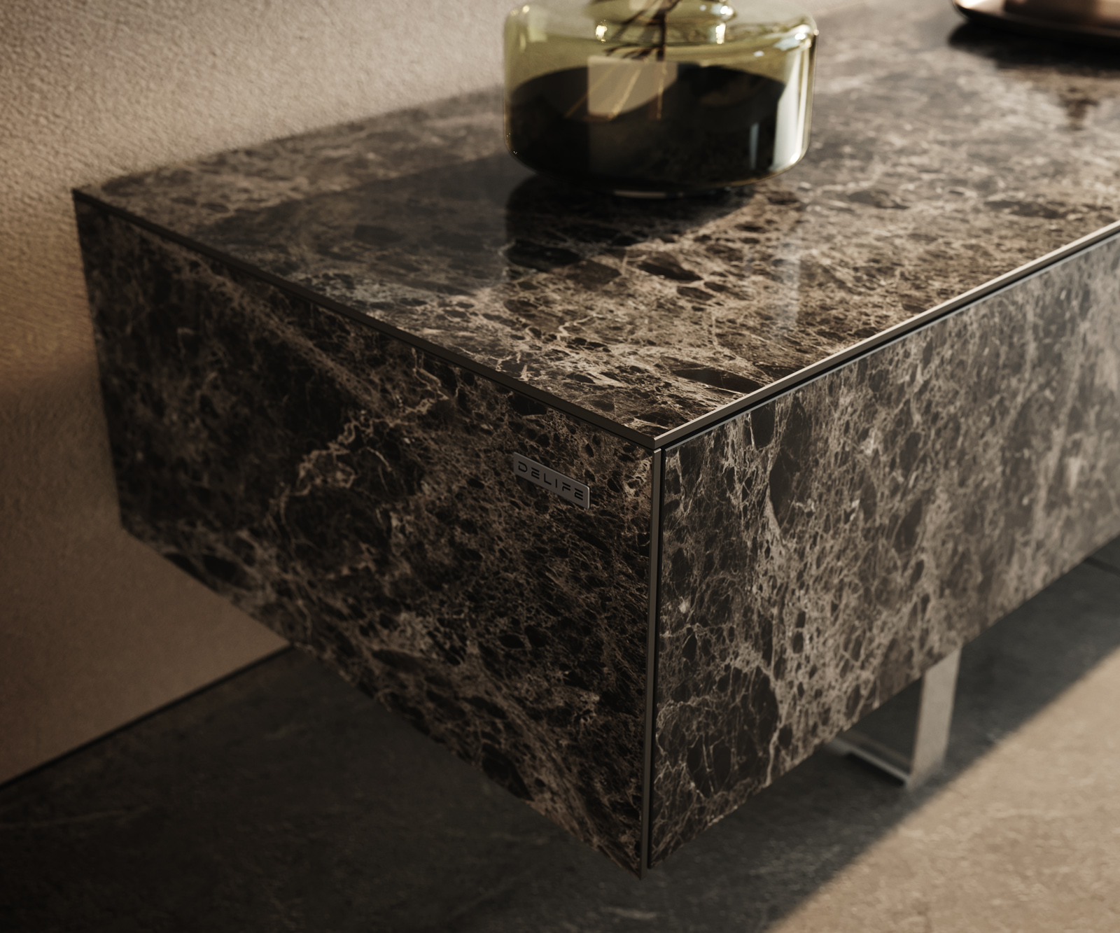 TV szekrény Cuor 150 cm kerámia Laminam® Emperador Extra Lucidato sötétbarna 1 billenő ajtó 1 fiók lebegő láb akrilüveg - Image 6