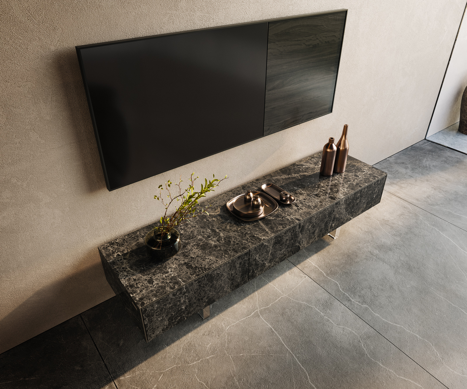 TV szekrény Cuor 150 cm kerámia Laminam® Emperador Extra Lucidato sötétbarna 1 billenő ajtó 1 fiók lebegő láb akrilüveg - Image 4