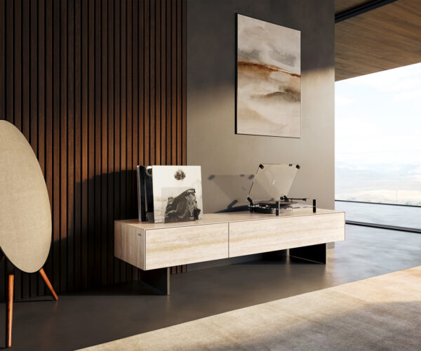 TV szekrény Cuor 150 cm kerámia Laminam® Travertino Bianco krémfehér 1 billenő ajtó 1 fiókos rekesz lebegő fém láb fekete